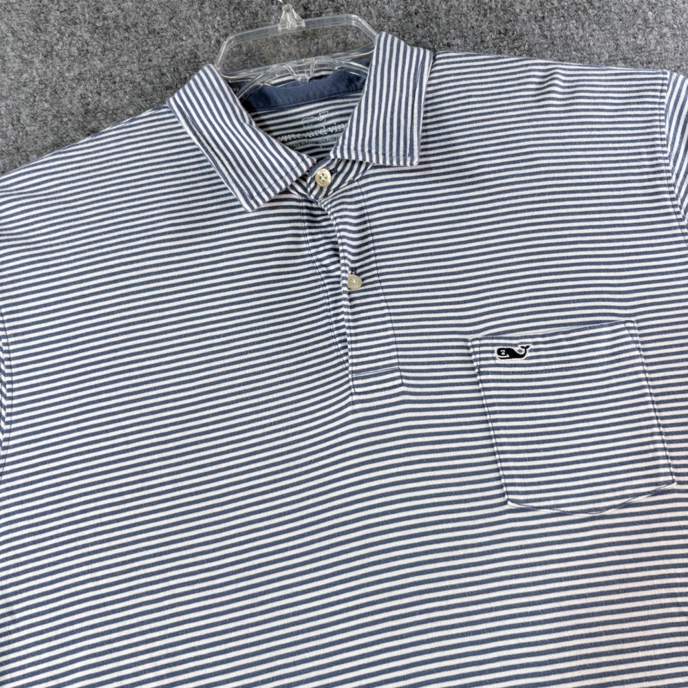 Vineyard Vines Mens Large Blue White Striped Pima Cotton Short Sleeve Polo Shirt